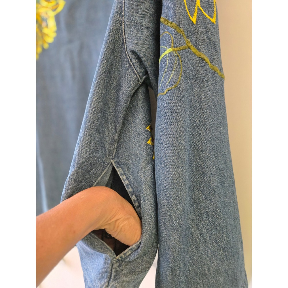 Vintage Embroidered Sunflower Ladybug Denim Jacket Blue Large L Cotton Pockets - Picture 9 of 16